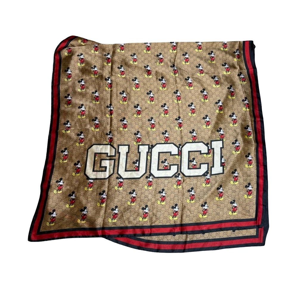 Gucci x Disney Mickey Mouse Silk Scarf GG Monogram Large Shawl Brown 70x30